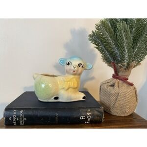 Vintage Cute Lamb Floral Base Vase 50s 60s Retro Spring Cottage Easter Decor